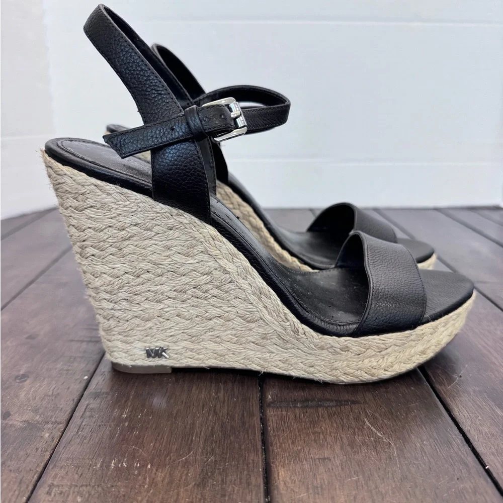 Michael Kors Womens Jill Black Leather Wedge Espadrille Sandals Shoes Size 8.5 M